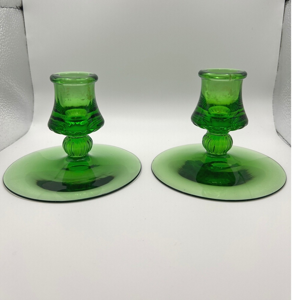 Heisey Candlestick Holders OS Green Good Vintage Mercury Glass Set of 2